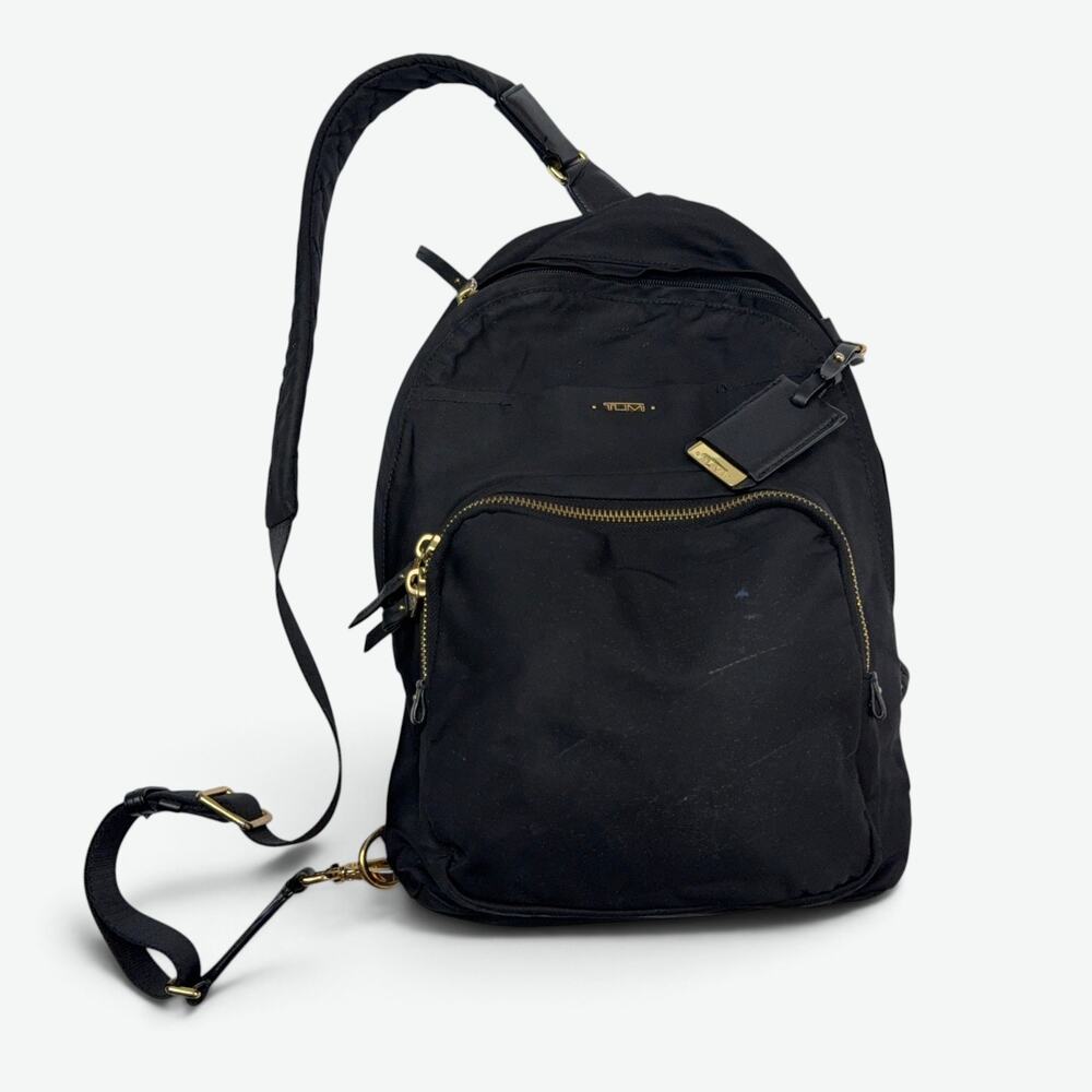 TUMI Voyageur Brive Sling Backpack Womens Black Nylon Gold Hardware